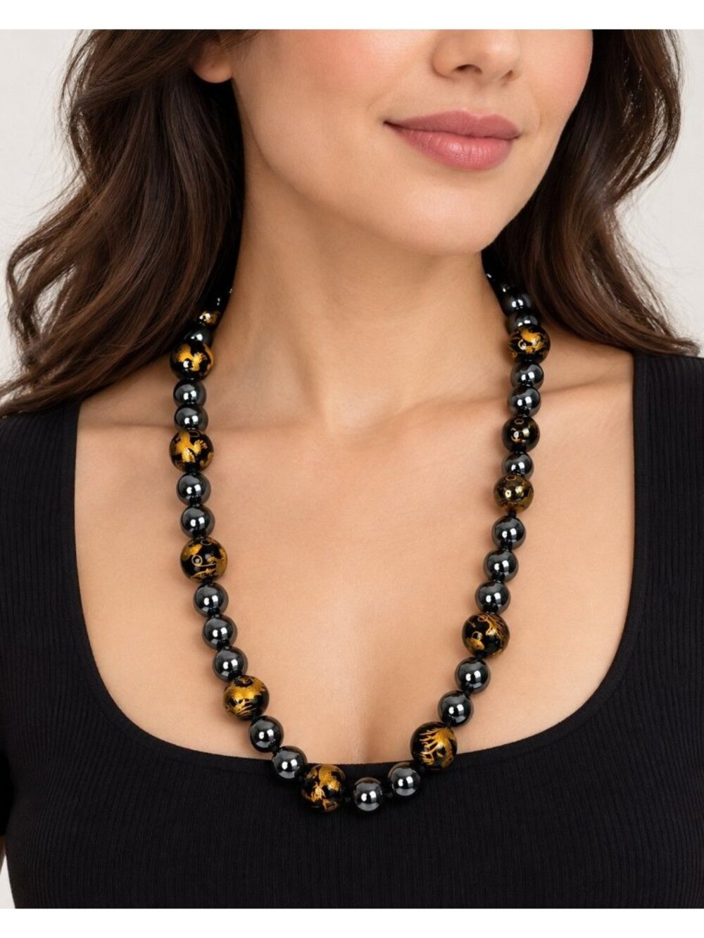 24K Gold Dragon Carved Onyx Hematite Chinese Necklace Sterling Vermeil 21"